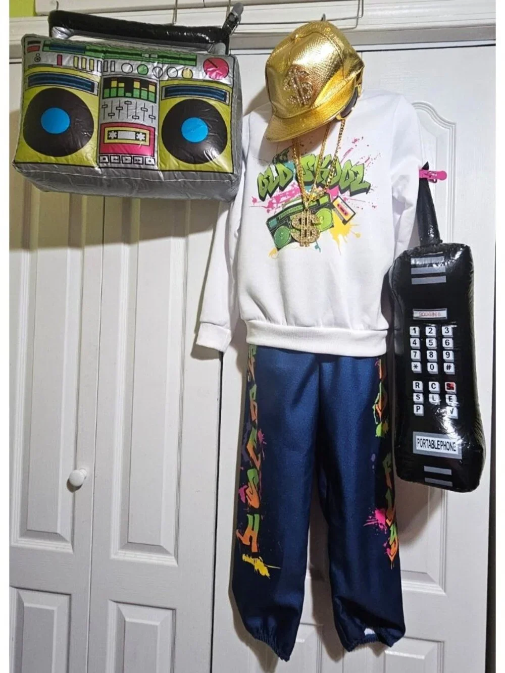 90s Hip Hop Costume Kids 10-12 Fresh Fly Old Skool Gold Chain Glasses Hat Set